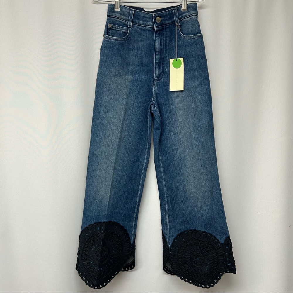 Stella McCartney Women's High-Rise Wide Leg Jeans with Crochet Hem - Blue